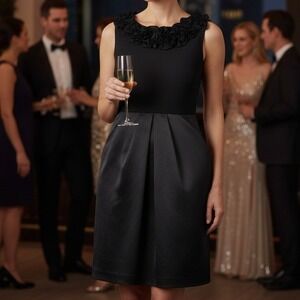 Taylor 10 $188 Black Knit Top Satin Skirt Sleeveless Dress Rosette‎ Neckline